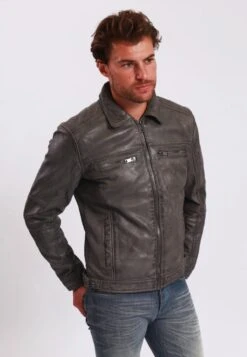 Lee Cooper Leather Jacket With Collar Shirt - 2 Split Side Pockets - - Leren Jas - Vintage Grey